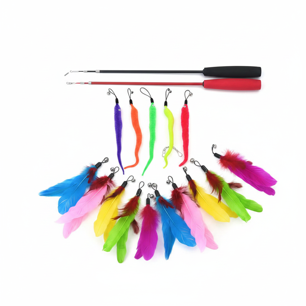 Cat Feather Teaser Wand Set – 11-piece flatlay with wand and all attachments