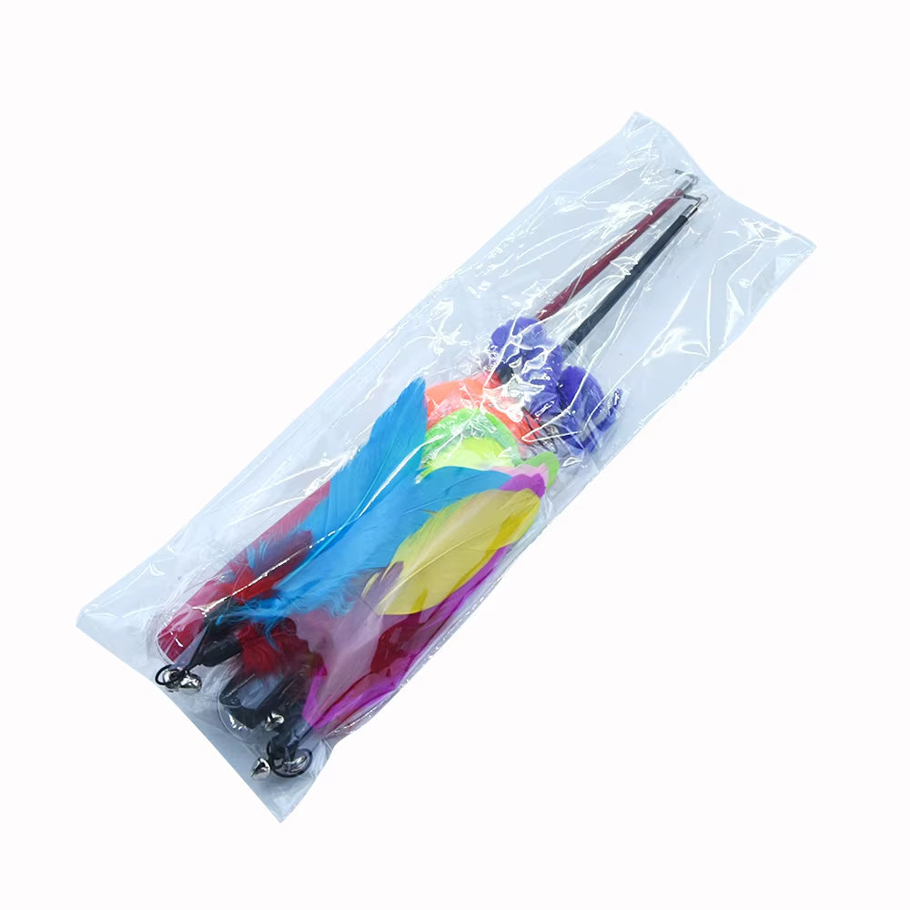 Funny Cat Interactive Toys Feather Teaser Stick Retractable Three Section Fishing Rod Colorful Plush with Bells Pet Supplies