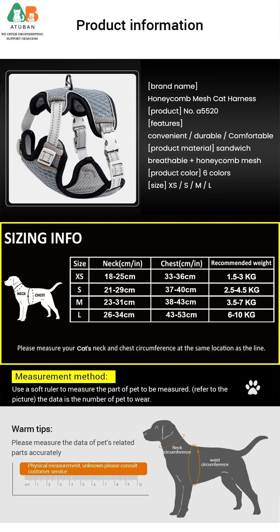 Escape Proof Cat Harness and Leash – Adjustable Reflective Cat Harness for Small & Large Cats, Safe Walking Vest