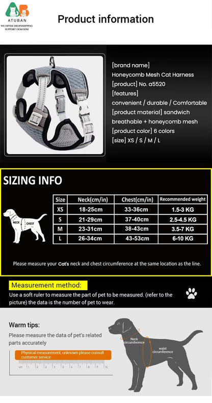 Escape Proof Cat Harness and Leash – Adjustable Reflective Cat Harness for Small & Large Cats, Safe Walking Vest