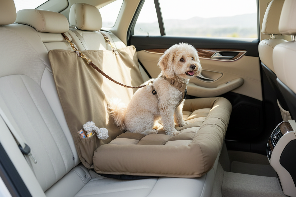 Luxury Dog Car Seat Bed – faux leather booster seat with small dog inside car