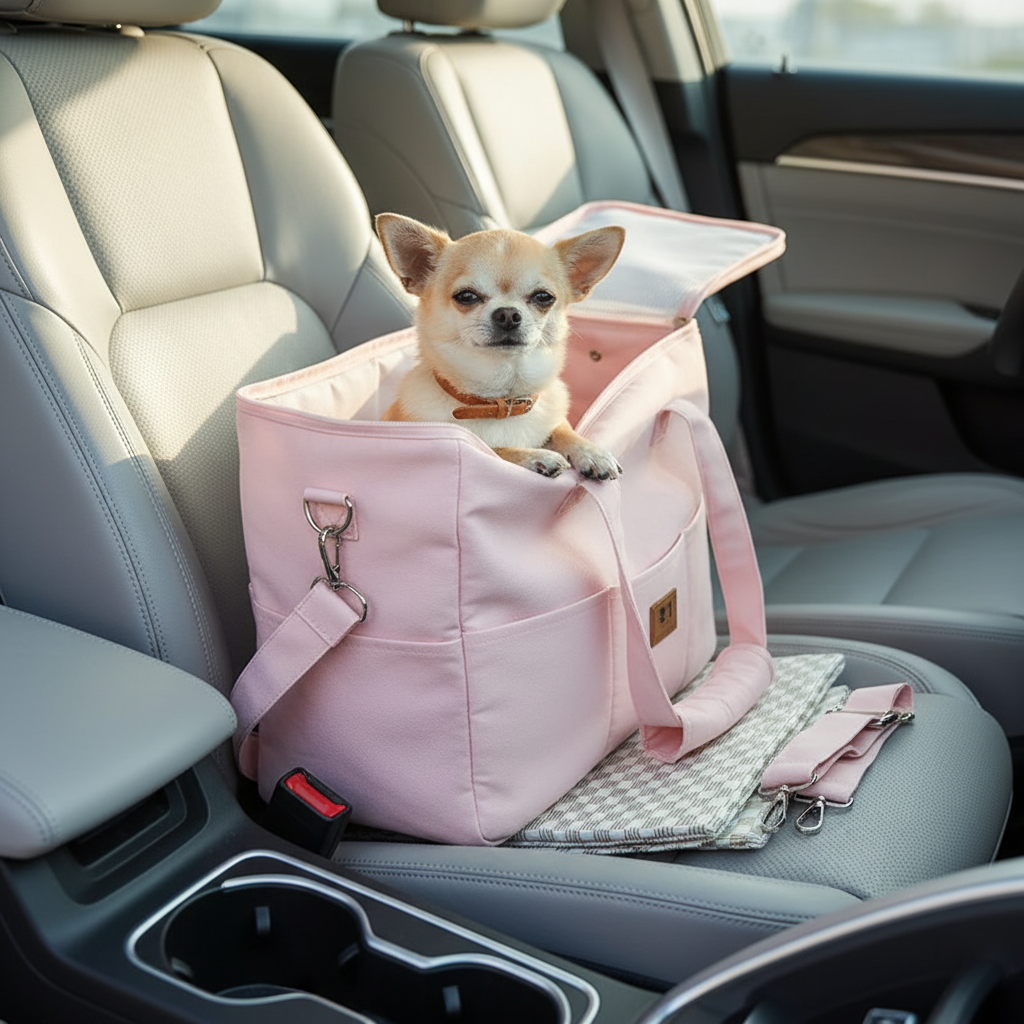 Pet Travel Carrier Bag – light pink canvas tote with Chihuahua secured in car seat