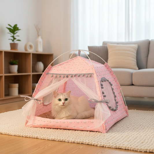 Cozy Cat Tent Bed – pink teepee with white fluffy cat inside