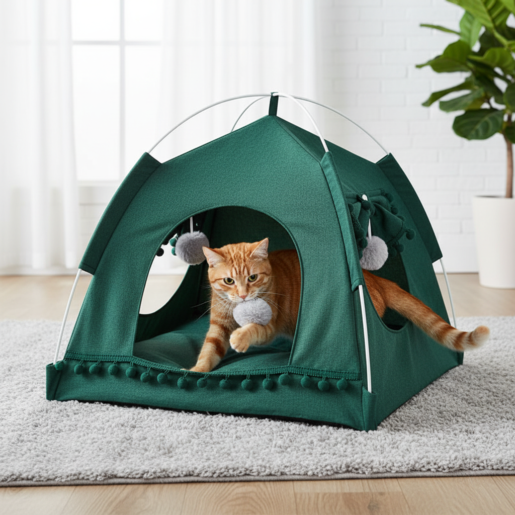 Cozy Cat Tent Bed – green teepee with orange tabby cat playing at entrance