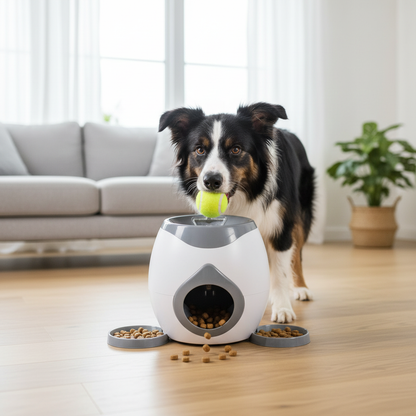 Dog Ball Treat Dispenser – Border Collie dropping tennis ball into grey treat dispenser toy