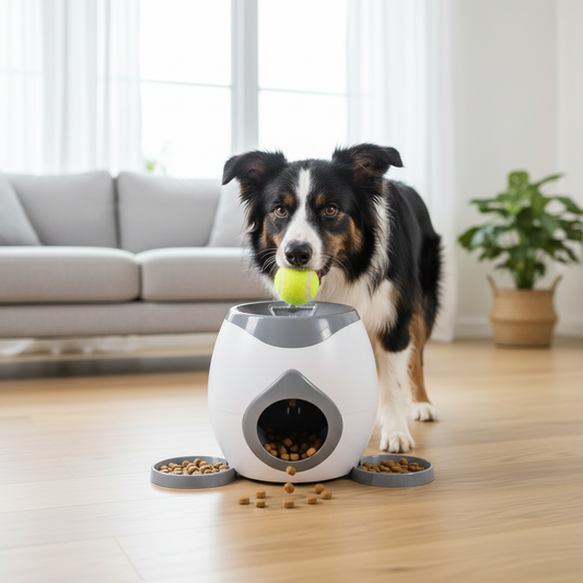 Dog Ball Treat Dispenser – Border Collie dropping tennis ball into grey treat dispenser toy
