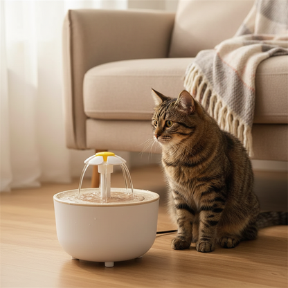 PawCloud Cat Water Fountain – tabby cat watching water flow from wood grain fountain on wooden floor