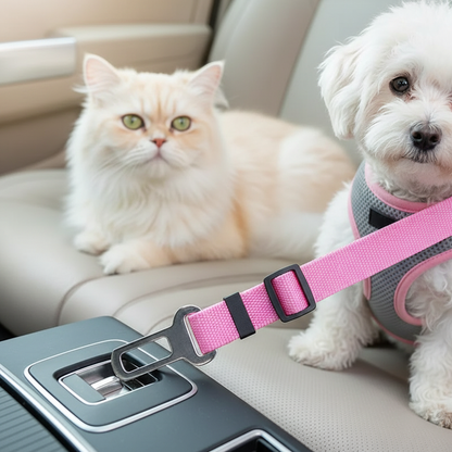 Pet Car Seat Belt – close-up of pink strap clipped into car seat belt socket with cat sitting comfortably on back seat