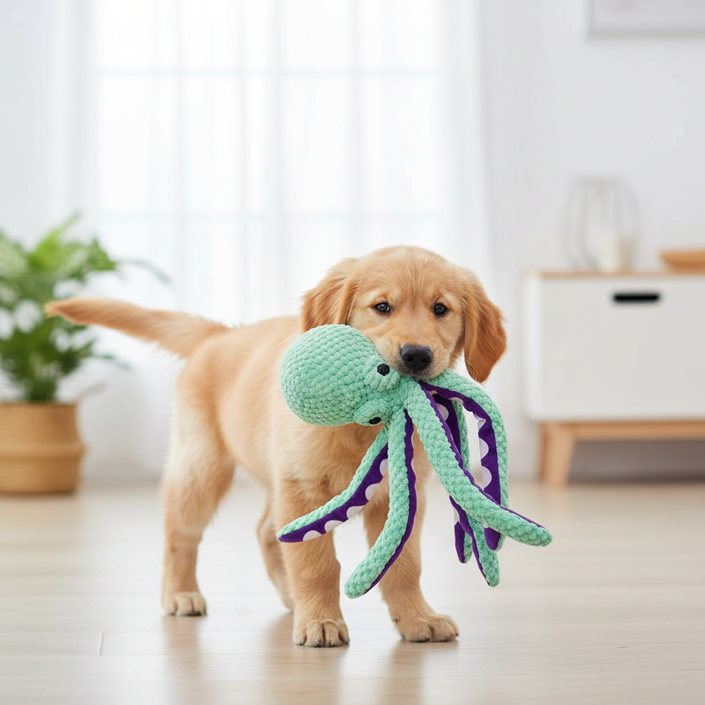 Plush Octopus Dog Toy – Golden Retriever puppy holding blue octopus squeaky toy in mouth with dangling tentacles