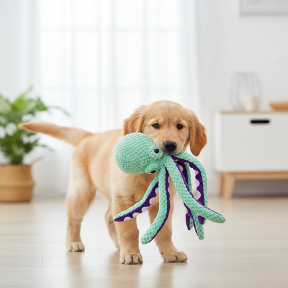 Plush Octopus Dog Toy – Golden Retriever puppy holding blue octopus squeaky toy in mouth with dangling tentacles