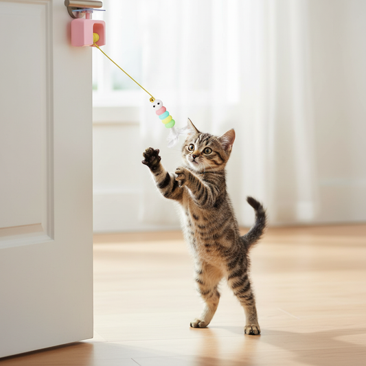 Electric Hanging Cat Teaser Wand – tabby kitten leaping to catch pink feather teaser hanging from door handle