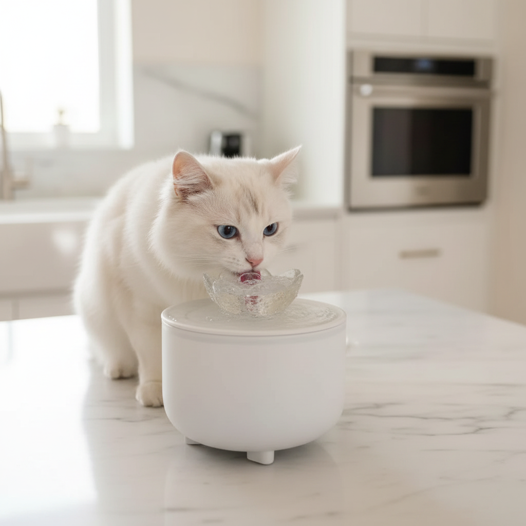 PawCloud Cat Water Fountain – white cat drinking from lotus design fountain on marble kitchen countertop