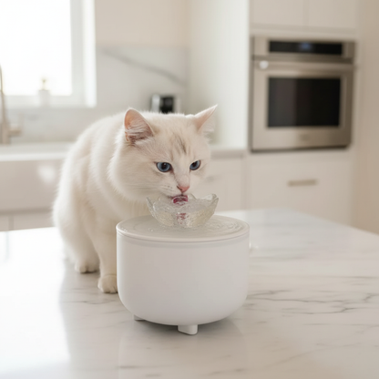 PawCloud Cat Water Fountain – white cat drinking from lotus design fountain on marble kitchen countertop