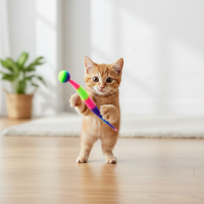 Cat Bouncing Worm Ball Toy – ginger kitten mid-pounce batting at colorful elastic caterpillar ball on wooden floor