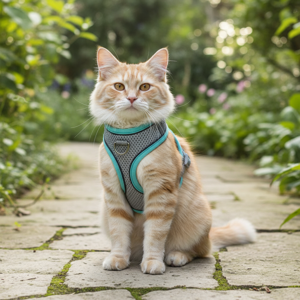 Reflective Mesh Pet Harness – tabby cat wearing blue mesh harness vest sitting calmly in garden
