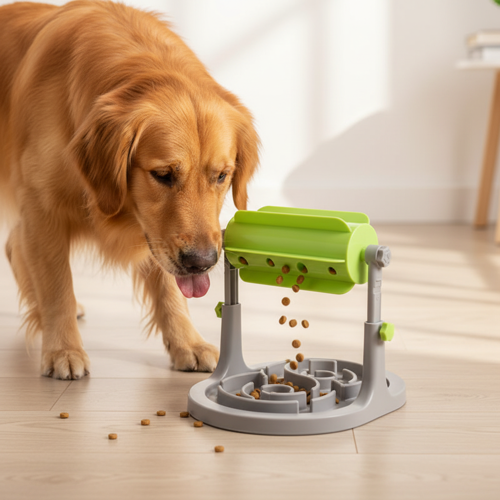 Dog Puzzle Feeder – golden retriever actively using green interactive slow feeder toy