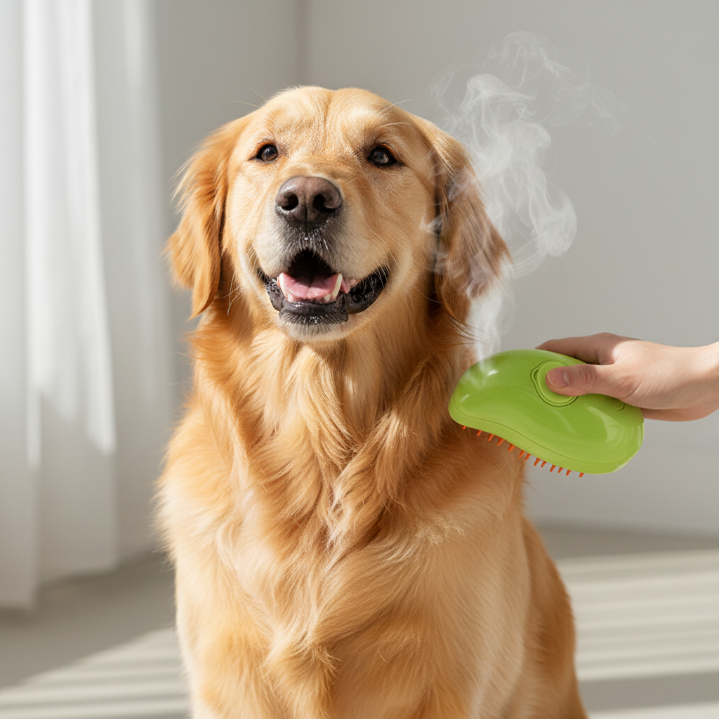 3-in-1 Electric Steam Pet Grooming Brush – golden retriever being groomed with green mango steam brush