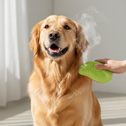 3-in-1 Electric Steam Pet Grooming Brush – golden retriever being groomed with green mango steam brush