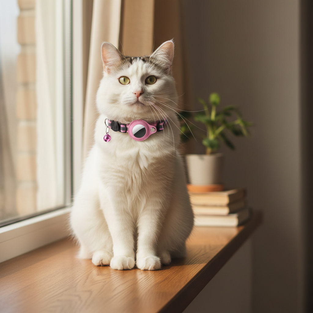 Reflective Cat Collar with AirTag Holder – pink collar on white fluffy cat sitting on windowsill