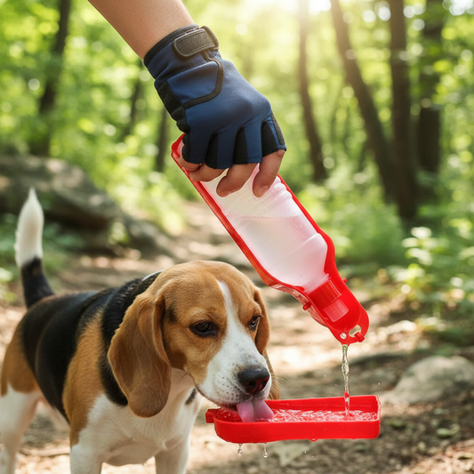 Portable Dog Water Bottle – Beagle drinking from foldable tray on hiking trail