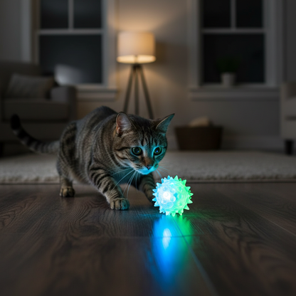 LED Interactive Cat Ball Toy – tabby cat crouching to pounce on glowing blue-green ball