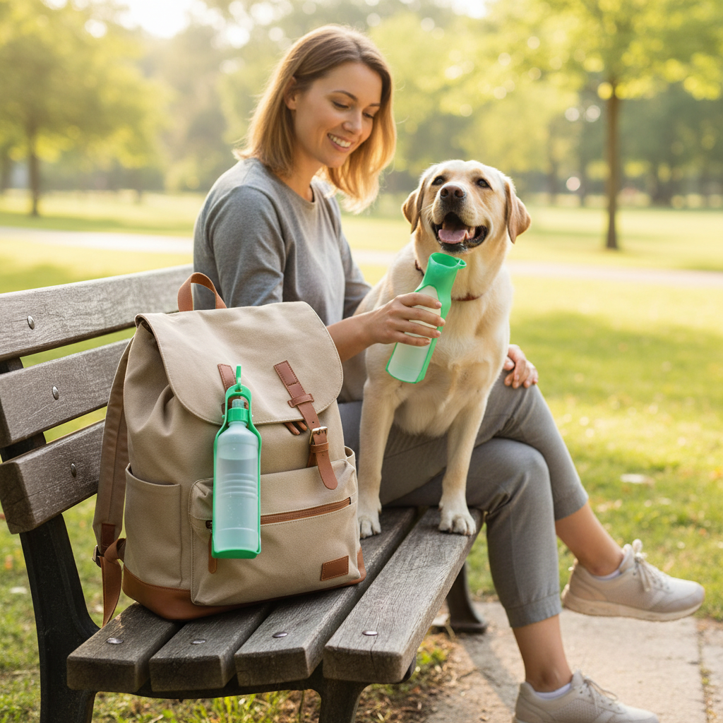 Portable Dog Water Bottle – Labrador in park with owner holding water bottle ready to serve
