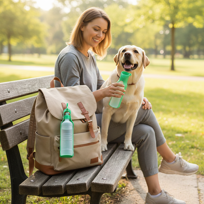 Portable Dog Water Bottle – Labrador in park with owner holding water bottle ready to serve