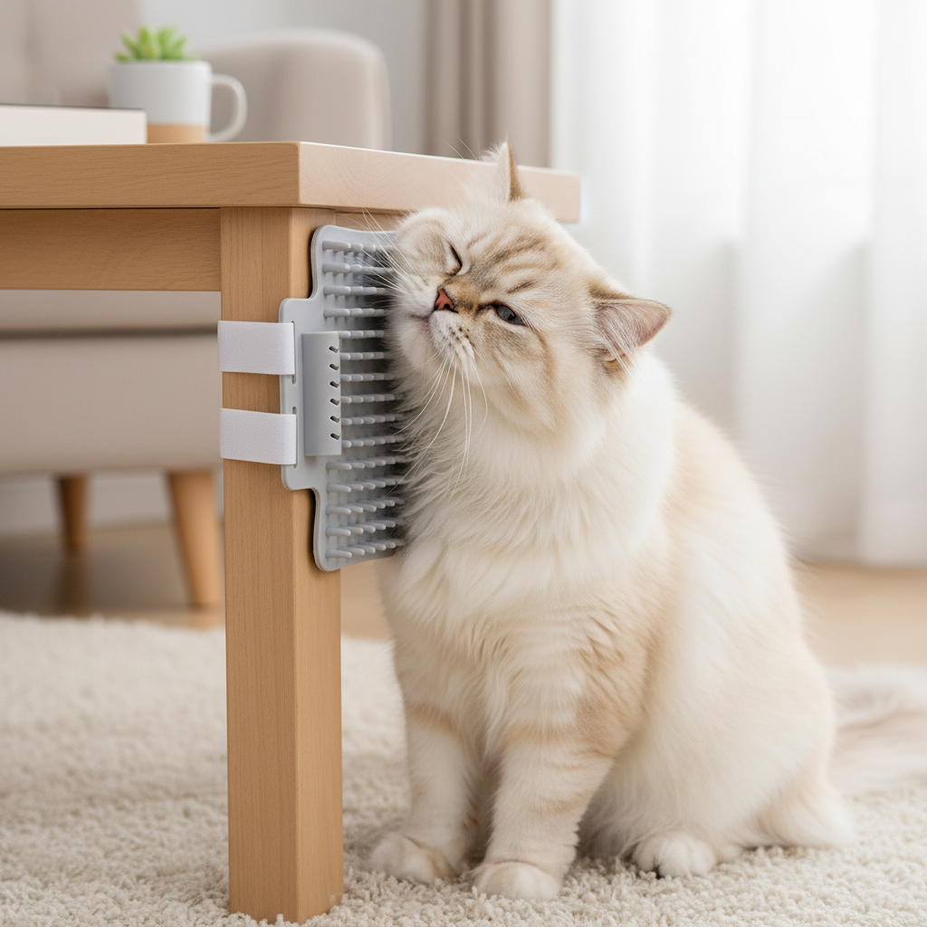 Cat Corner Self-Groomer Brush – fluffy Persian cat rubbing against gray brush mounted on wooden table leg