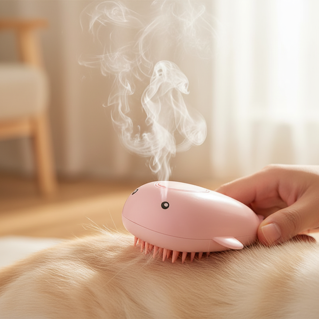3-in-1 Electric Steam Pet Grooming Brush – close-up of steam coming from pink dolphin brush on cat fur