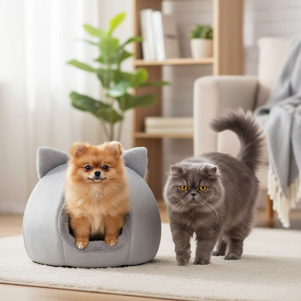 Cozy Cave Cat Bed – smug Pomeranian puppy sitting inside grey cave bed after evicting offended fluffy cat