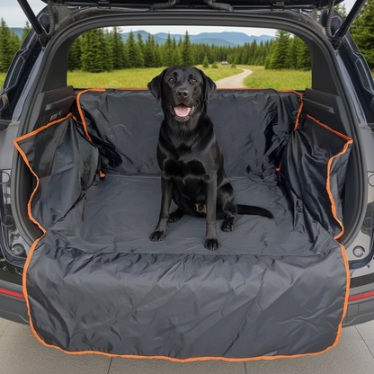 Waterproof SUV Cargo Liner – black Labrador sitting in SUV boot on black cargo liner ready for adventure
