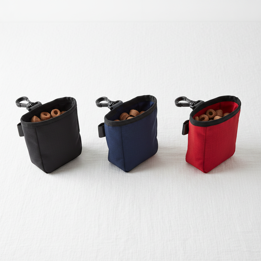 Dog Training Treat Bag – three bags in black, red and navy blue flatlay showing linen texture and waist clip