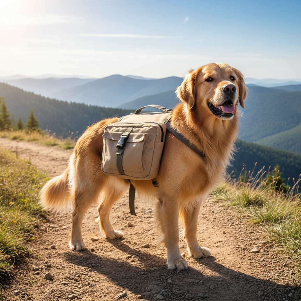 Dog Hiking Saddle Bag – golden retriever wearing khaki canvas backpack on mountain trail