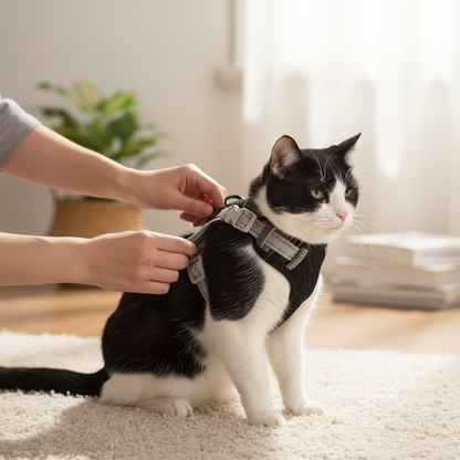 Escape-Proof Cat Harness – person fitting black harness vest on calm black and white cat indoors