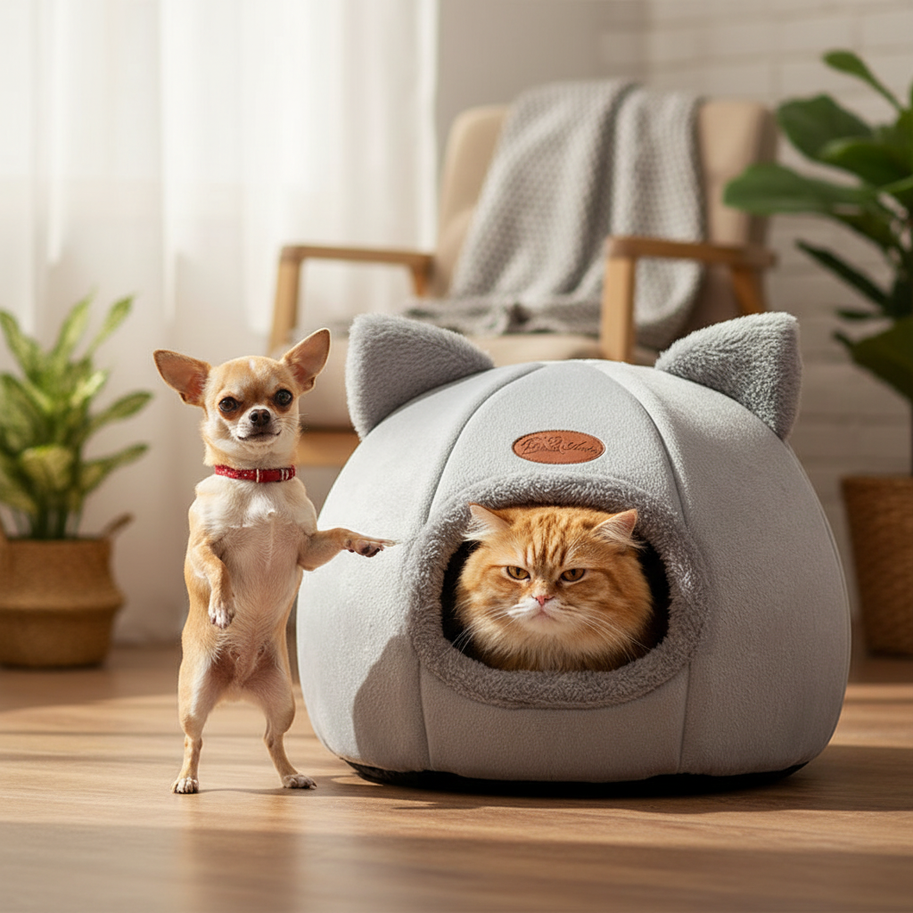 Cozy Cave Cat Bed – tiny Chihuahua pointing paw at exit while grumpy cat reluctantly peeks out of grey cave bed