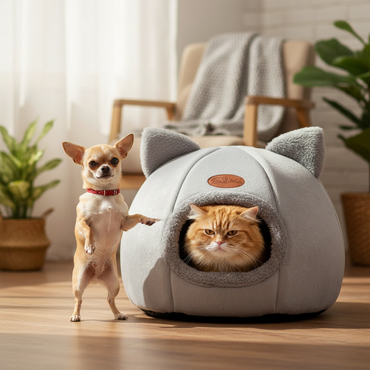 Cozy Cave Cat Bed – tiny Chihuahua pointing paw at exit while grumpy cat reluctantly peeks out of grey cave bed