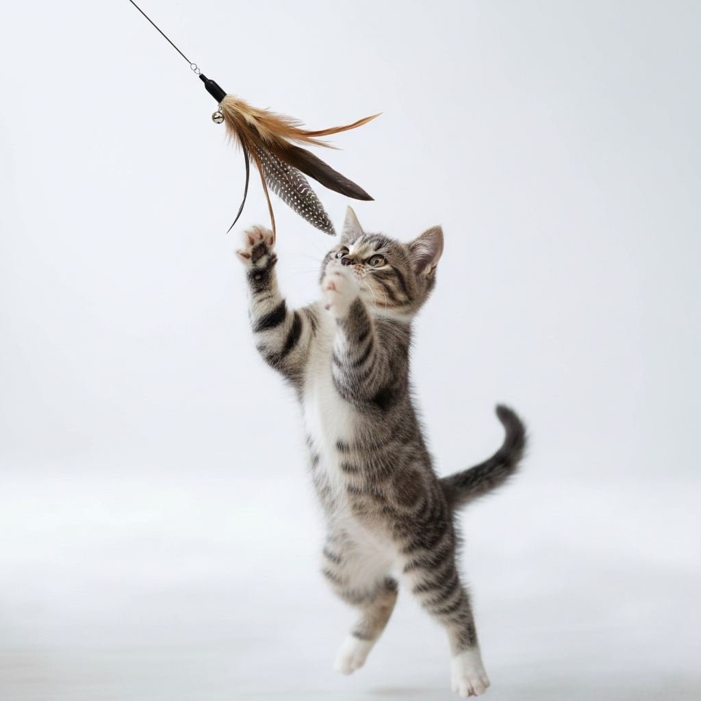Cat Feather Wand Refills – tabby kitten leaping to catch natural feather attachment with bell