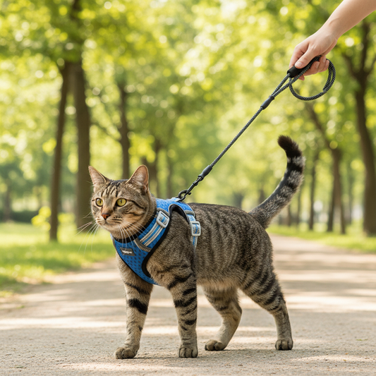 Escape-Proof Cat Harness – tabby cat wearing blue mesh harness on leash in sunny park