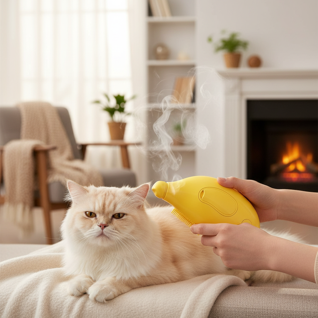 3-in-1 Electric Steam Pet Grooming Brush – person grooming relaxed Persian cat with yellow banana steam brush