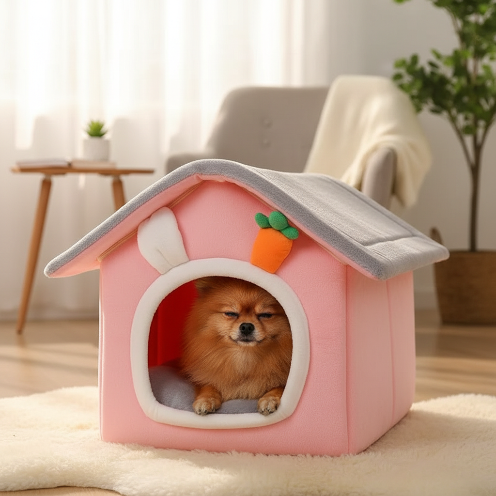 Foldable Pet Cave Bed – small Pomeranian dog snuggled inside pink cave bed on cozy rug
