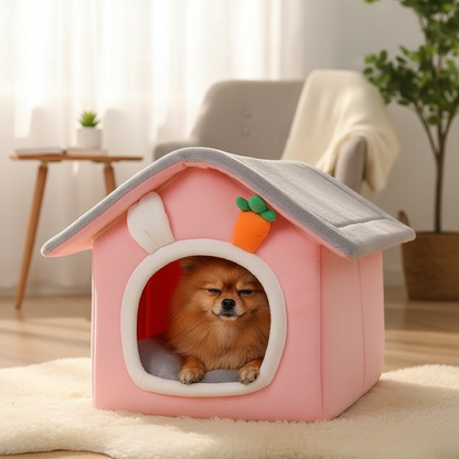 Foldable Pet Cave Bed – small Pomeranian dog snuggled inside pink cave bed on cozy rug