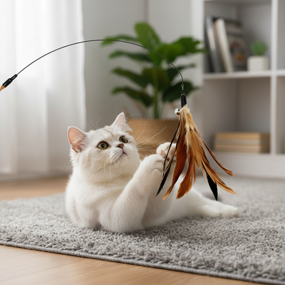 Cat Feather Wand Refills – fluffy white Persian cat batting at colorful feather toy on gray rug