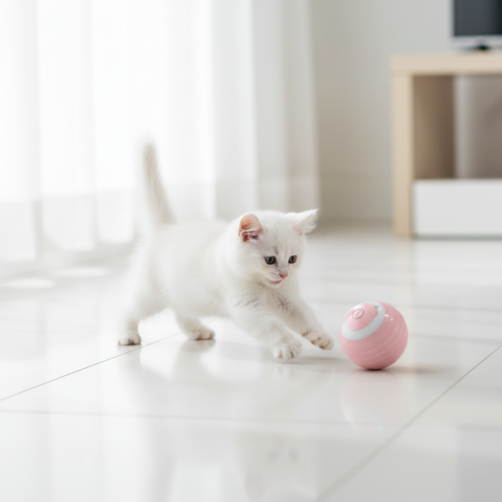 Smart Electric Cat Ball Toy – white kitten leaping after pink rolling ball on tile floor