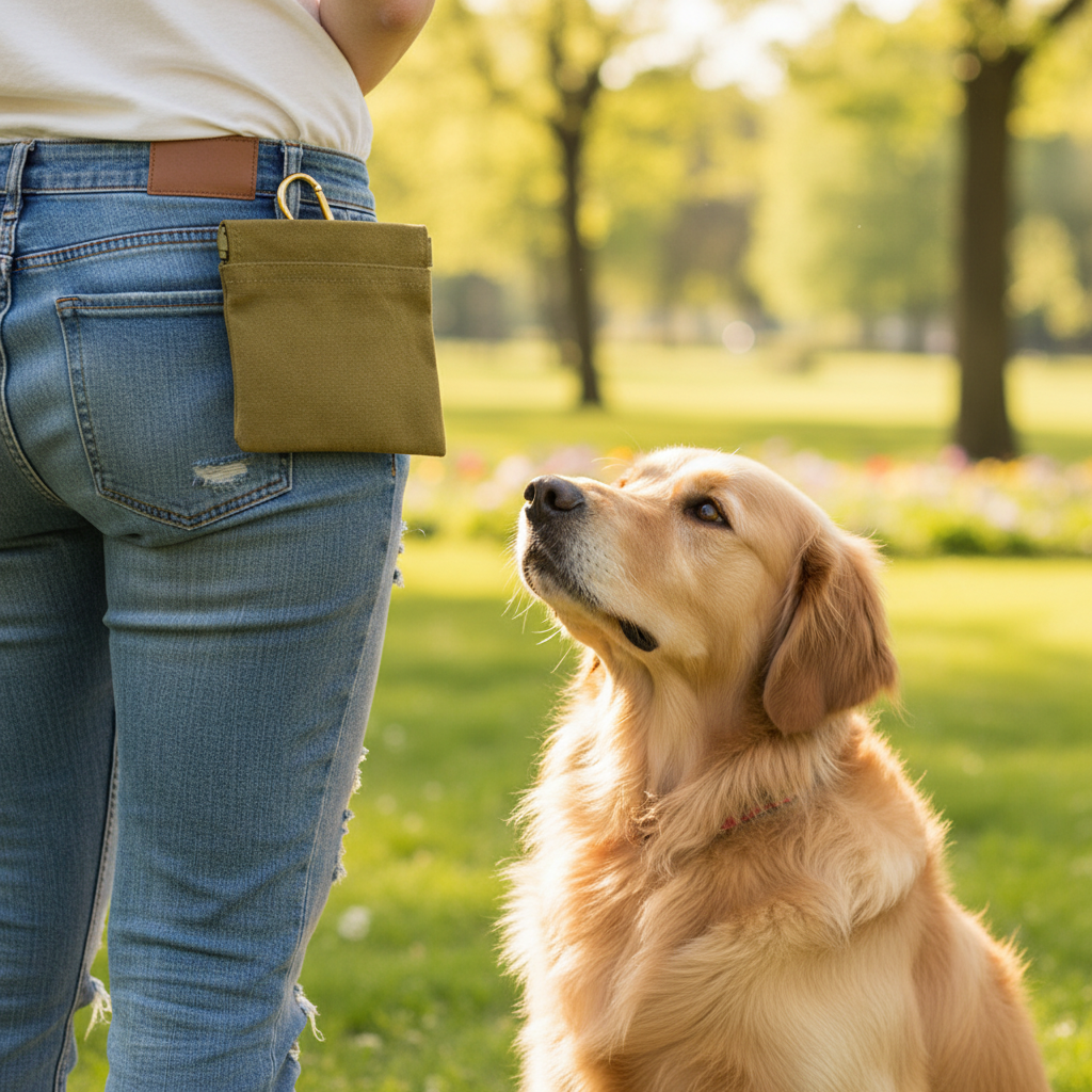 Dog Training Treat Pouch – khaki canvas snack bag with carabiner clip on belt during dog training