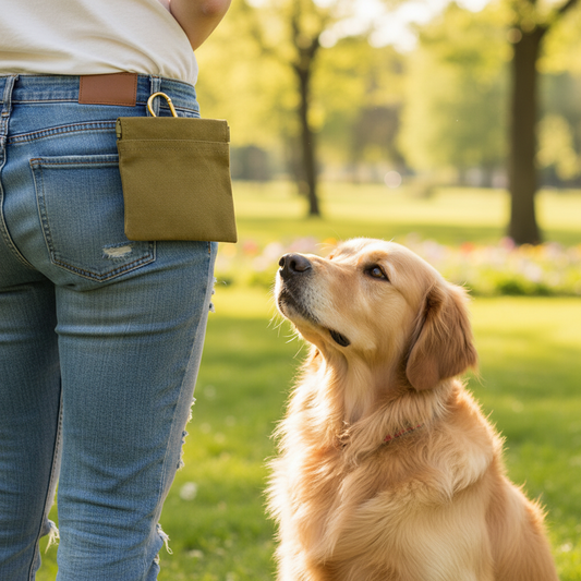 Dog Training Treat Pouch – khaki canvas snack bag with carabiner clip on belt during dog training