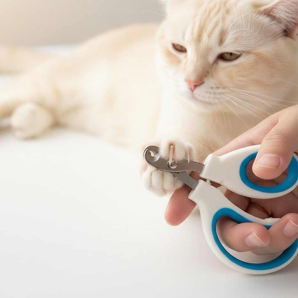 Professional Pet Nail Clippers – close-up of blue clippers trimming cat claw with claws extended