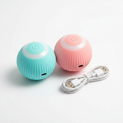 Smart Electric Cat Ball Toy – blue and pink silicone balls flatlay with USB charging cable