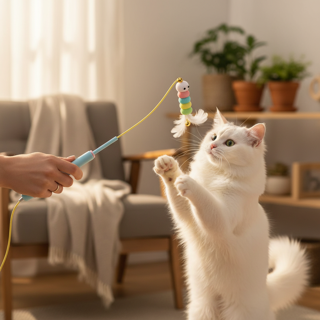 Electric Hanging Cat Teaser Wand – white cat jumping to catch blue feather teaser wand held by owner's hand