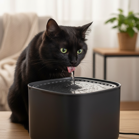 Large Cat Water Fountain 3L – fluffy black cat drinking from black fountain with clearly visible flowing water stream