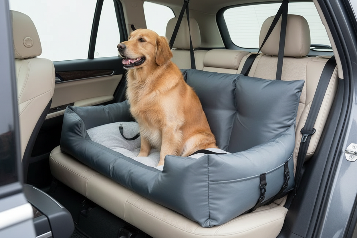 Waterproof Dog Car Seat Bed – golden retriever sitting comfortably in grey dog car seat